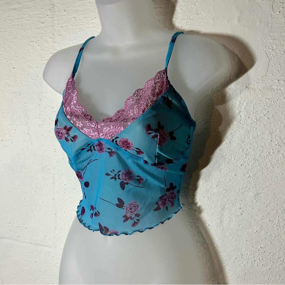 Blue floral mesh tank top
